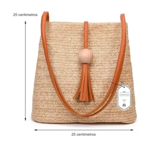 Fotografía de producto de bolso de rafia con dimensiones para tienda online