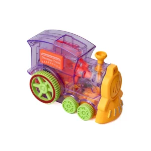 Juguete infantil de tren de plastico transparente en colores morado verde y amarillo